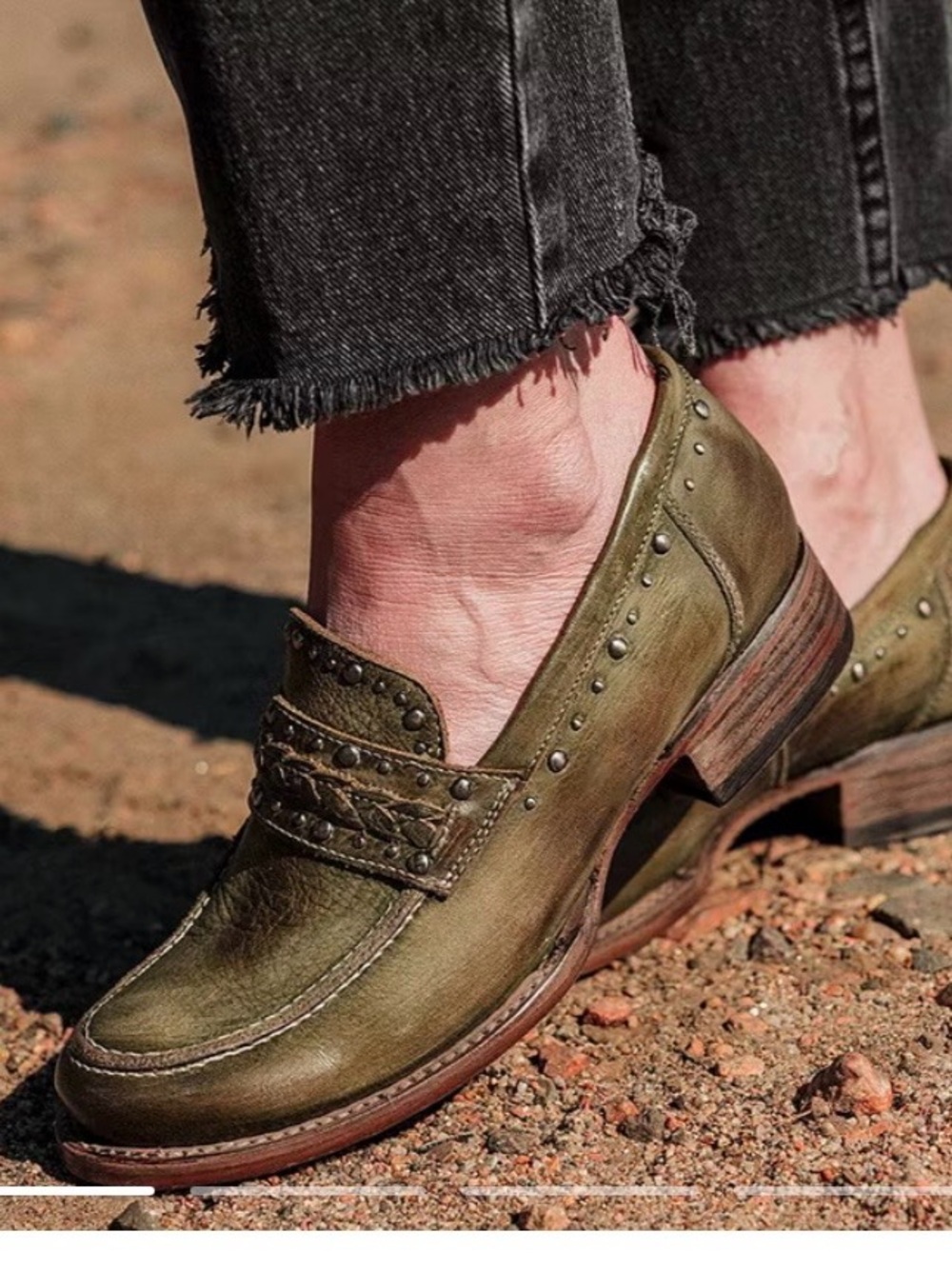 freebird Olive Green Studded Leather Loafers